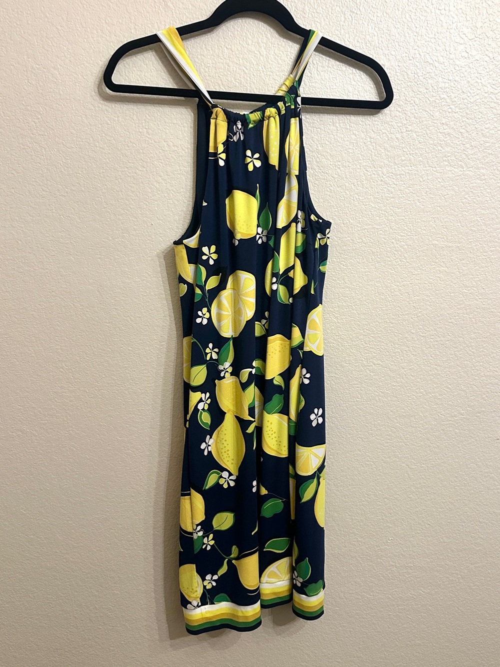 Trina Turk Lemon Print Halter Midi Dress Navy Yellow Size M